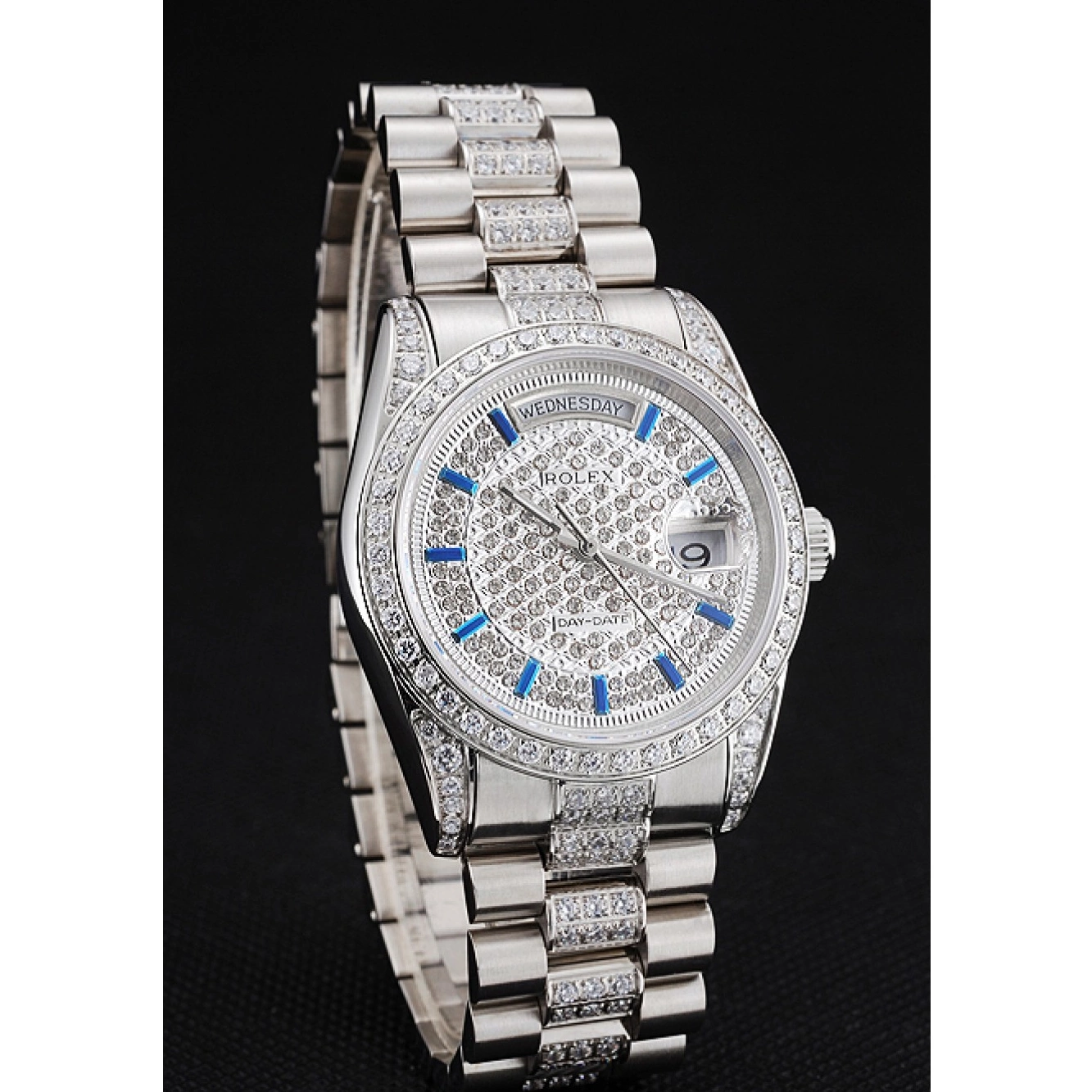 Aaa fake watches And Diamond Bracelet And Bezel Rolex Dial Day Steel Stainless Swiss Pave Date 0524
